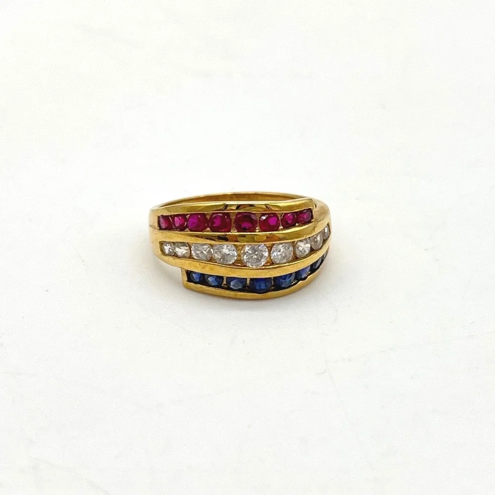 Gold Vermeil Sterling Silver Red‎ White Blue Channel Set Triple Row Ring Size 10